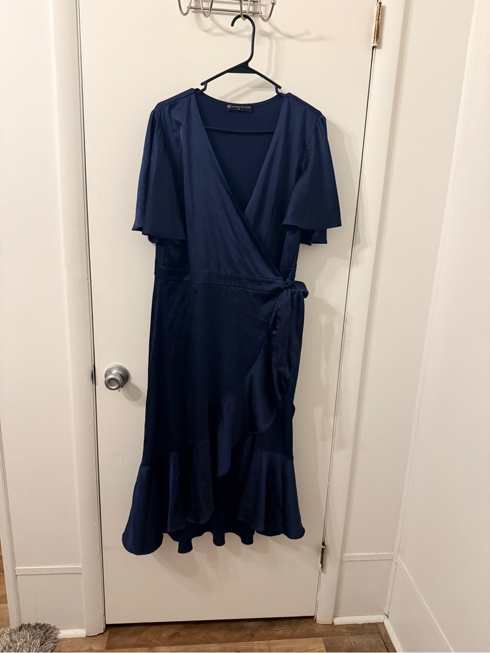 Classic Navy Wrap Dress with Flutter Sleeves